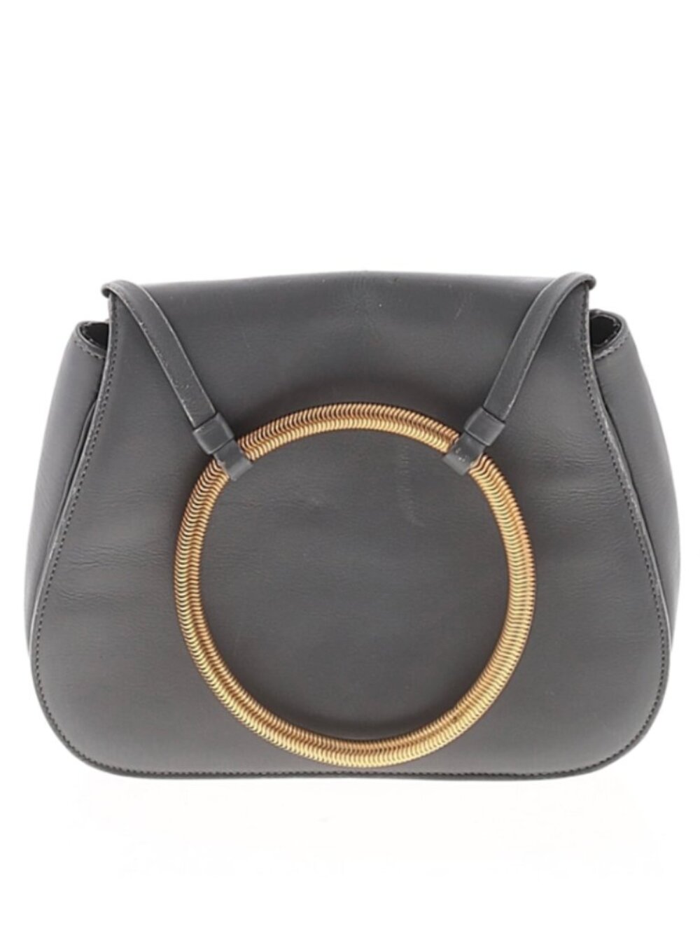 Paloma Picasso Gray Leather Mini Handbag w. Circular Dark Gold Metal Handle 7.5"